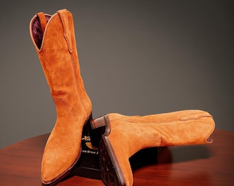 Handmade Suede Cowboy Boots: Orange-Tan Western Style, Dainite Sole