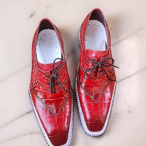 Red Croc Embossed Split-Toe Derby Shoes | Men's Square toe shoes