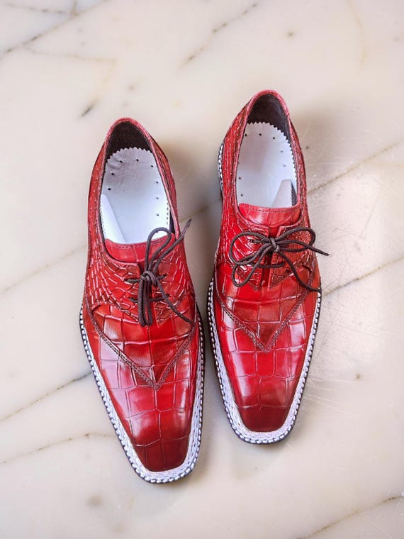 Red Croc Embossed Split-Toe Derby Shoes | Men's Square toe shoes