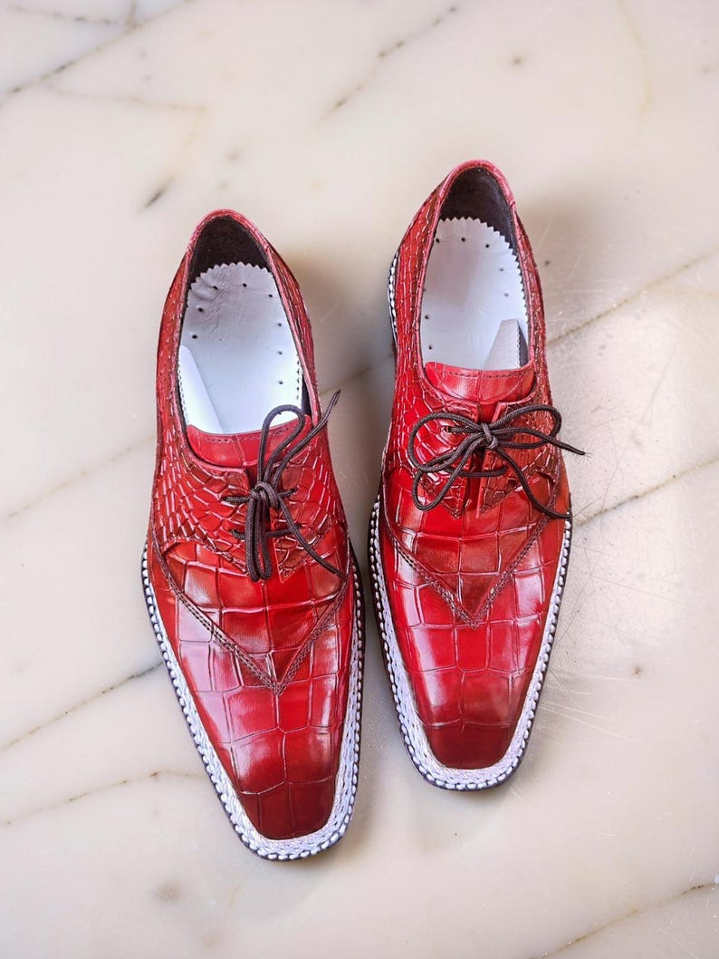 Red Croc Embossed Split-Toe Derby Shoes | Men's Square toe shoes image 1