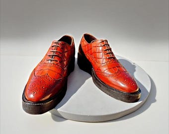 ハンドメイドクロコダイル型押しレザーオックスフォードシューズ：ウィングチップブローグチャンキーソール