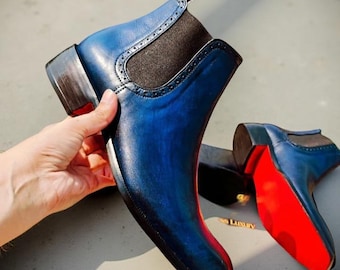 ハンドメイドブルーレザーチェルシーブーツ：エレガントなメンズアンクルドレスシューズ