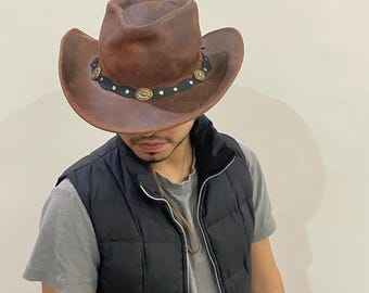 ハンドメイドの風合いのあるレザーカウボーイハット：ヴィンテージウエスタンスタイル