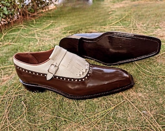 Handcrafted Two Tone Kiltie Monk Strap Loafers Square Toe Leather Dress Shoes