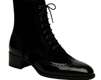 Handmade Patent Leather & Velvet Boots: Men's Luxury Brogues