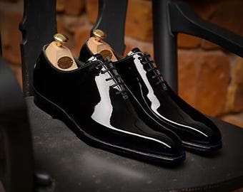 Handmade Patent Leather Oxford Shoes: Black Glossy Wholecut Dress Shoes