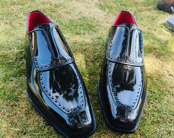 Men’s Black Patent Leather Loafers, Kiltie Fringe Dress Shoes, Formal Apron Toe Slip On