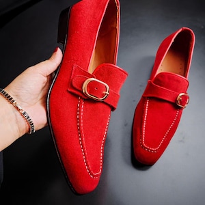 Handmade Red Suede Loafers, Buckle Strap Monk Shoes
