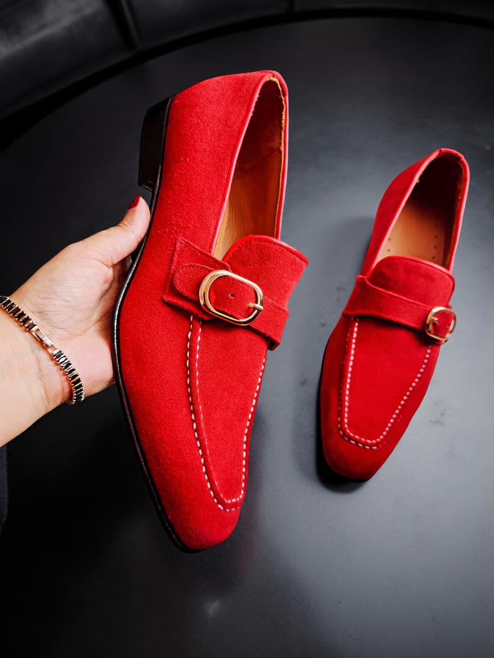 Handmade Red Suede Loafers, Buckle Strap Monk Shoes - Etsy display picture 1