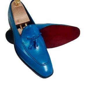 Handmade Leather Tassel Loafers | Blue Slip-On Dress Shoes for Men | Custom Formal & Casual Shoes | Unique Stylish Footwear