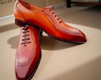 Handmade Patina Oxford Wingtip Shoes: Two-Tone Leather Dress Shoes