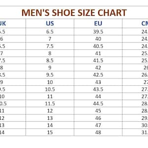 May include: A men's shoe size conversion chart showing UK, US, EU, and CM sizes. The chart ranges from UK 5.5 (US 6.5, EU 39.5, 24.1 cm) to UK 14 (US 15, EU 48, 31.4 cm).
