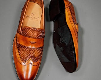 Handmade Fish Scale Leather Loafers: Tan Brogue Penny Slip-Ons