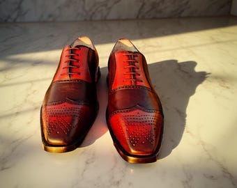 ハンドメイドレザーオックスフォードブローグ：ツートンパティーナドレスシューズ