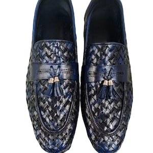 Handcrafted Woven Leather Tassel Loafers - Men&#39;s Slip-On Dress Shoes