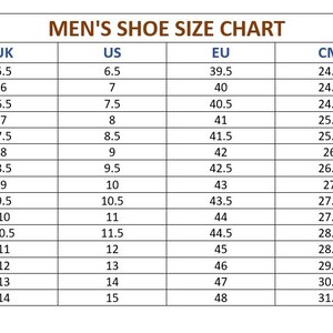 May include: A shoe size chart for men, displaying UK, US, EU, and CM sizes. The chart includes sizes from UK 5.5 (US 6.5, EU 39.5, 24.1 cm) to UK 14 (US 15, EU 48, 31.4 cm).