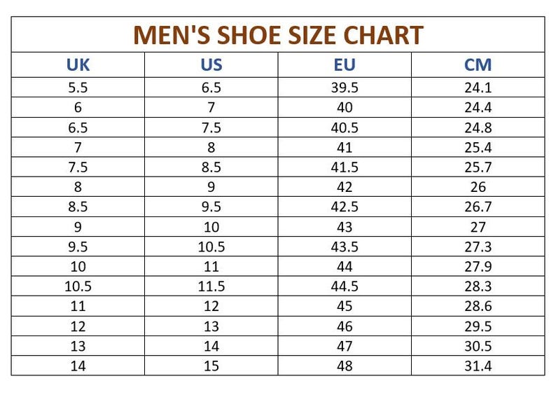 May include: A shoe size chart for men, displaying UK, US, EU, and CM sizes. The chart includes sizes from UK 5.5 (US 6.5, EU 39.5, 24.1 cm) to UK 14 (US 15, EU 48, 31.4 cm).