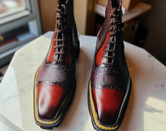 Handmade Two-Tone Leather Wingtip Boots: Men's Brogue Ankle Boots