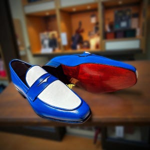 Handmade Blue & White Leather Penny Loafers: Men's Formal Dress Shoes