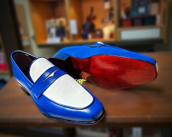 Ręcznie robione mokasyny Penny Loafers w kolorze niebiesko-białym: męskie buty wizytowe