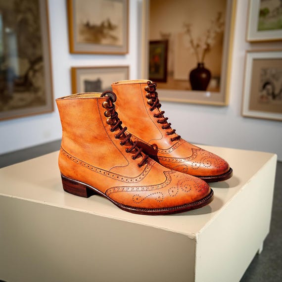 Handmade Tan Leather Brogue Boots: Cap Toe Balmoral Ankle  display picture 3