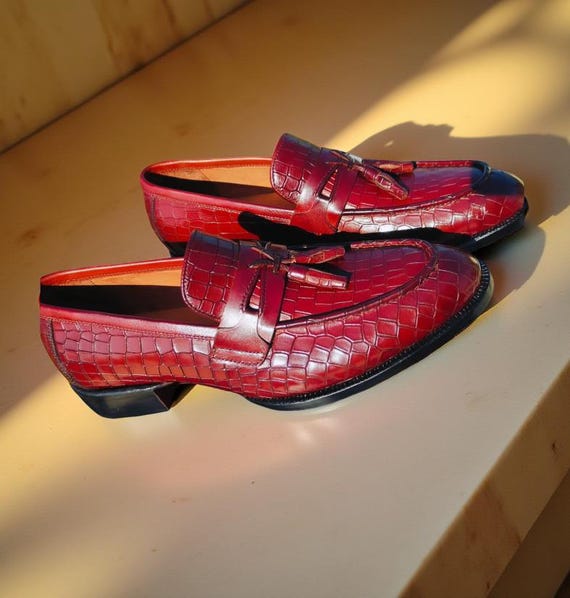 Handmade Burgundy Crocodile Embossed Tassel Loafers | Luxury Leather Slip-On Dress Shoes for Men