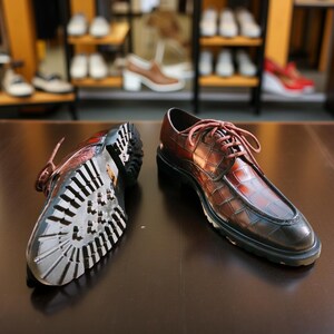 May include: A pair of brown leather dress shoes with a crocodile pattern. The shoes have dark brown laces and soles. One shoe is lying on its side, revealing a thick, textured sole. The other shoe is upright.