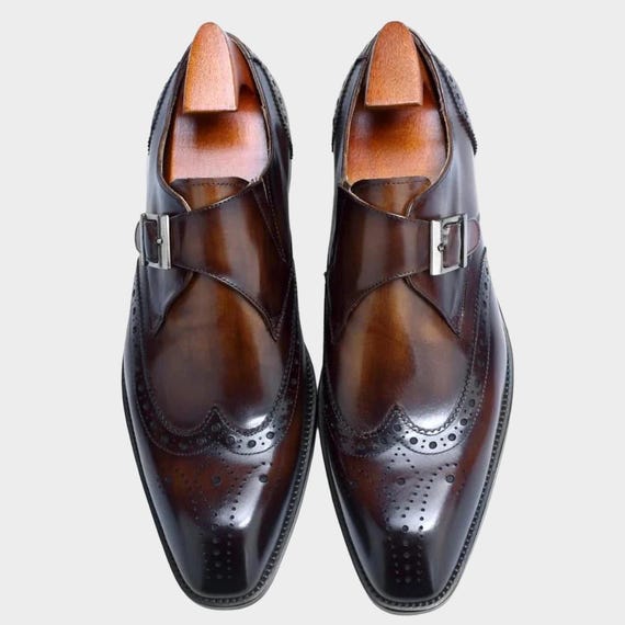 Handmade Patina Leather Monk Strap Shoes: Wingtip Brogues