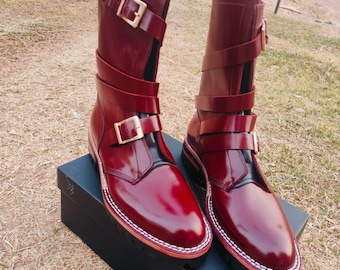 ハンドメイドメンズレザーストラップバイカーハーネスブーツ