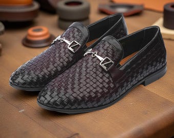 Handcrafted Woven Leather Loafers: Men's Slip-On Dress Shoes