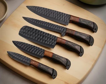 Juego de cuchillos de chef hechos a mano con funda de cuero: cuchillos de cocina profesionales para cocinar y regalar.