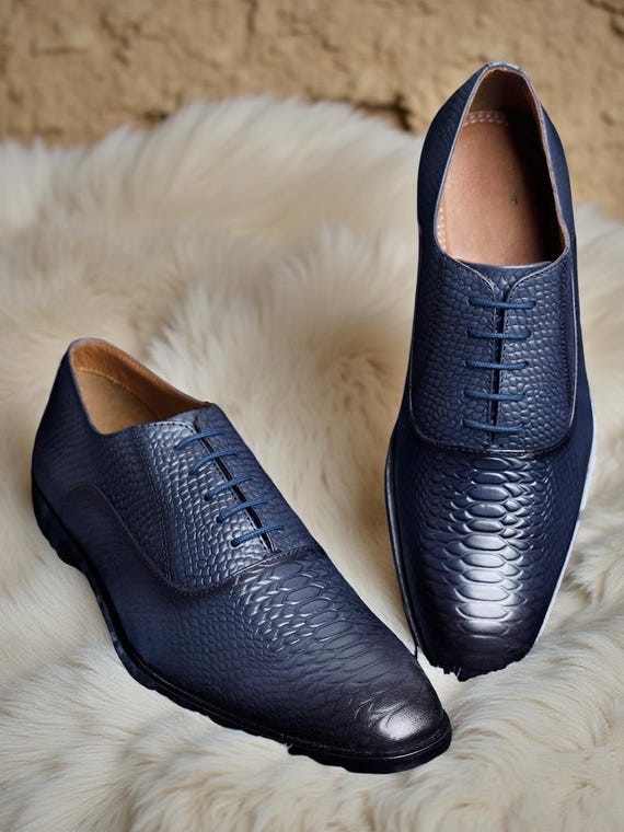 Handmade Blue Leather Oxford Shoes: Snake-textured Dress  display picture 3