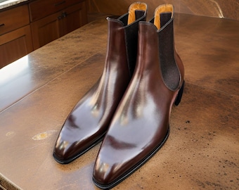ハンドメイドブラウンレザーチェルシーブーツ：メンズフォーマルアンクルブーツ