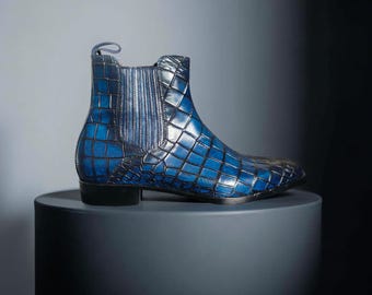 Handmade Blue Crocodile Leather Chelsea Boots – Luxury Exotic Pattern Men’s Ankle Dress Boots