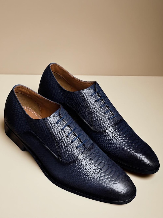 Handmade Blue Leather Oxford Shoes: Snake-textured Dress  display picture 1