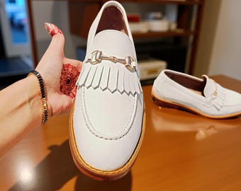 Handmade White Leather Loafers: Horsebit Fringe Dress Shoes