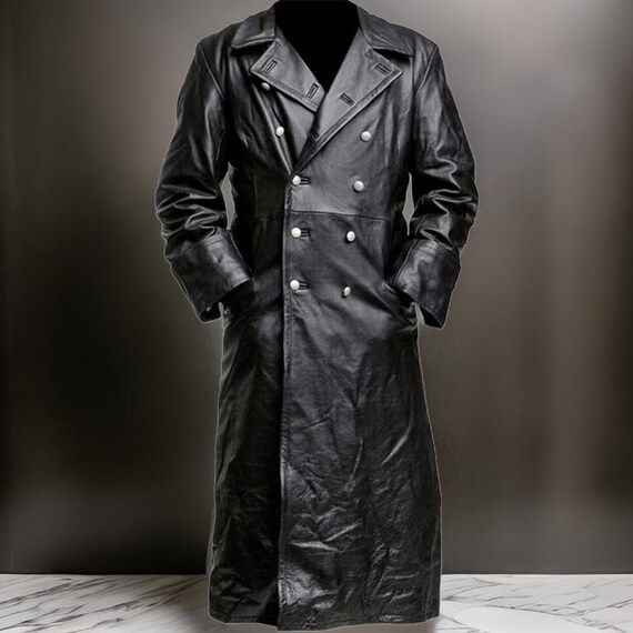 Men's Black Lambskin Leather Trench Coat - Custom Handmade