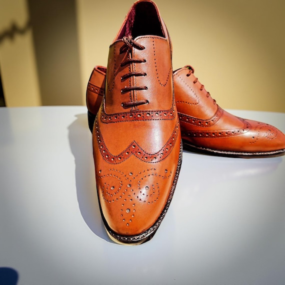 Handmade Tan Leather Oxford Brogue Shoes: Classic Wingtip Dress Shoes - Etsy Israel Handmade Tan Leather Oxford Brogue Shoes: Classic Wingtip Dress Shoes - Etsy Israel