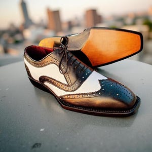 Handmade Two-Tone Wingtip Oxford Shoes | Black & White Spectator Dress Shoes for Men | Formal Leather Shoes | Vintage Style