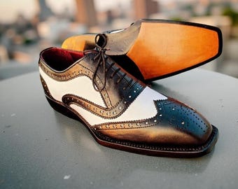 Handmade Two-Tone Wingtip Oxford Shoes: Vintage Spectator Dress Shoes