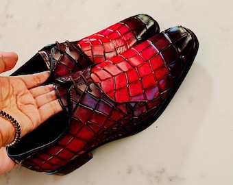 ハンドメイドレッドクロコダイルレザーオックスフォードシューズ｜パティーナドレスシューズ