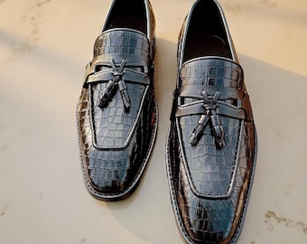 Handmade Black Crocodile Embossed Leather Loafers: Italian Style Dress Shoes