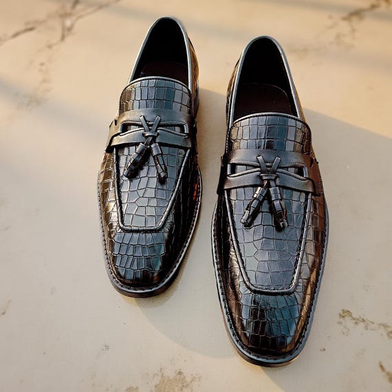 Handmade Black Crocodile Embossed Leather Loafers: Italian Style Dress Shoes