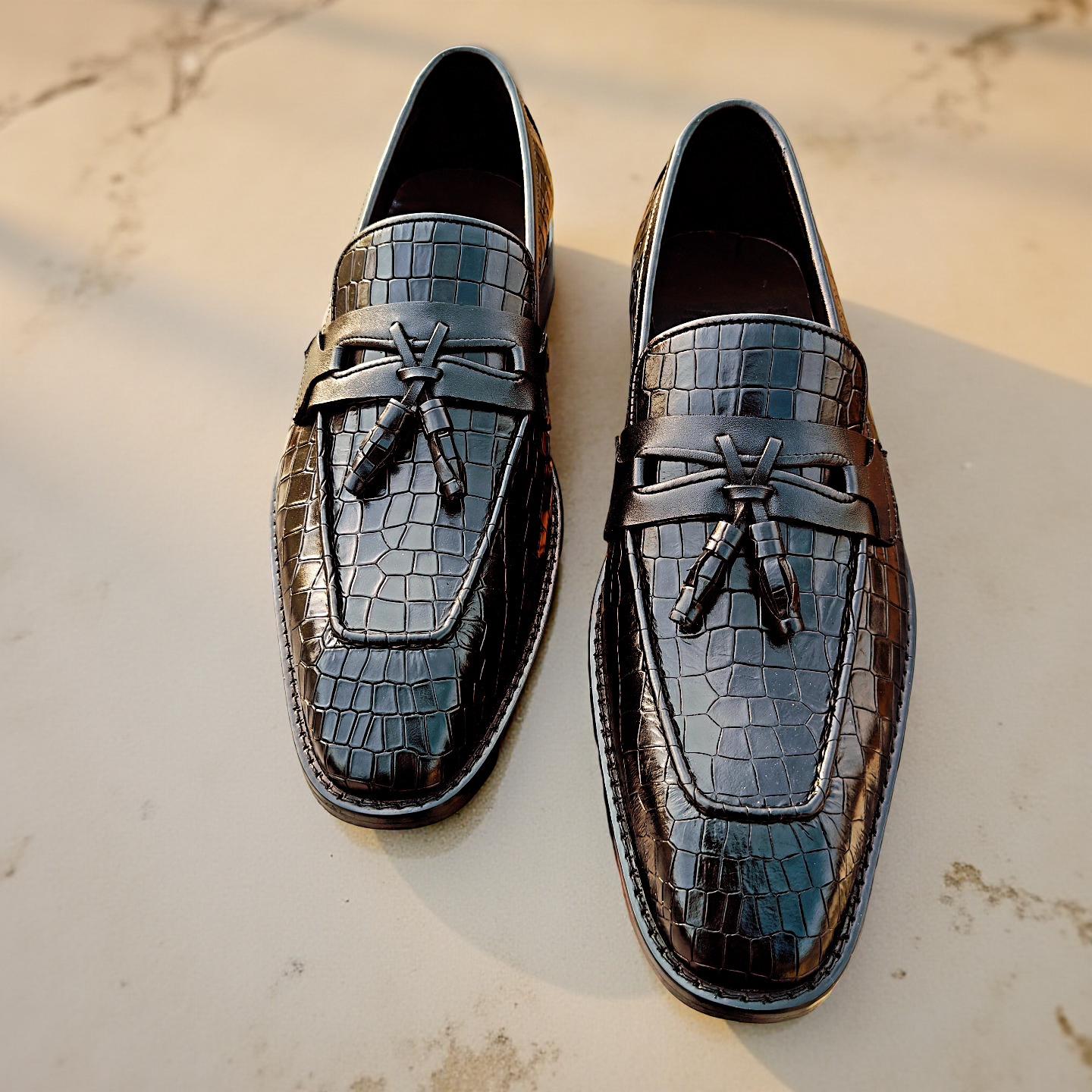 Handmade Black Crocodile Embossed Leather Loafers: Italian  display picture 2