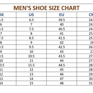 May include: A men's shoe size chart showing UK, US, EU, and CM measurements. Sizes range from UK 5.5 (US 6.5, EU 39.5, 24.1 cm) to UK 14 (US 15, EU 48, 31.4 cm).