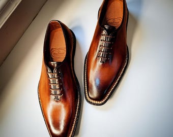 Handmade Wholecut Oxford Shoes: Patina Brown Leather Dress Shoes