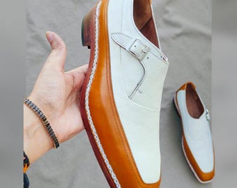 Luxury Two-Tone Monk Strap Dress Shoes | Cream & Tan Leather Handmade Men’s Wedding Shoes
