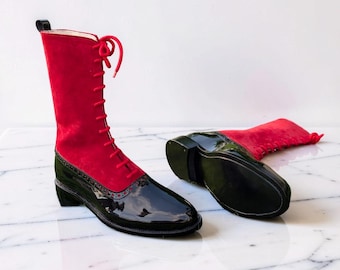 Women’s Red Black Knee High Boots, Suede Patent Leather Lace Up Vintage Dress Boots
