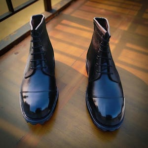 Handmade Black Leather Cap Toe Boots for Men | Lace-Up Dress Boots with Chunky Sole | Formal & Casual Winter Footwear | Gift for him