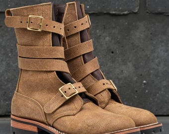 Handmade Suede Buckle Combat Boots: Rugged Military Style Leather